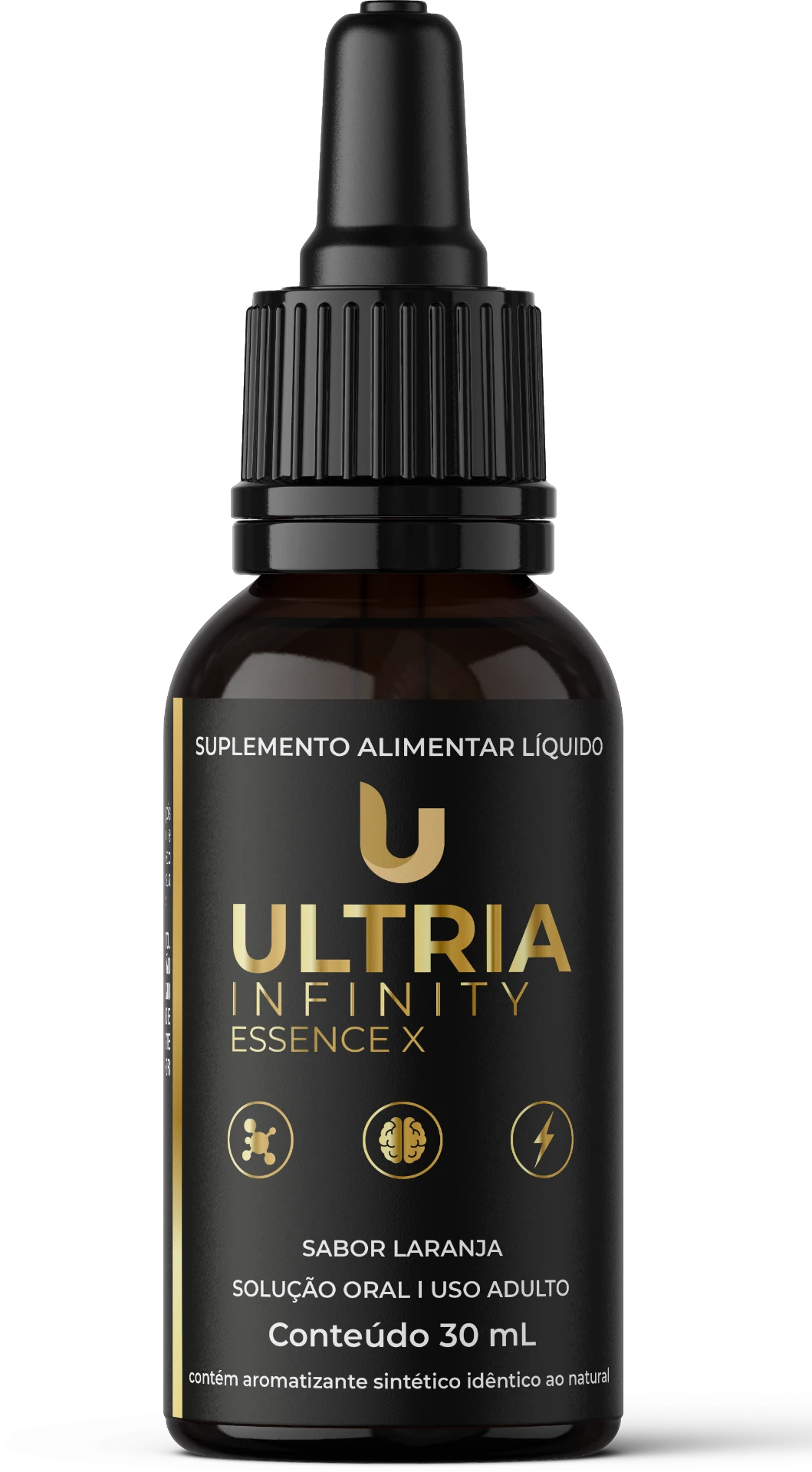 Frasco de Essence X Ultria Infinity, suplemento alimentar líquido sabor laranja
